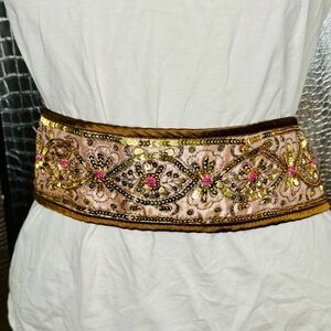Beaded Embroidered Wide Waist Belt in Pink and Gold